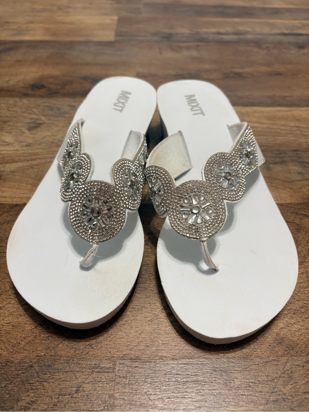 Mixit White Rhinestone Wedge Flip Flops Size 8 Sparkly Jeweled Sandals Beach